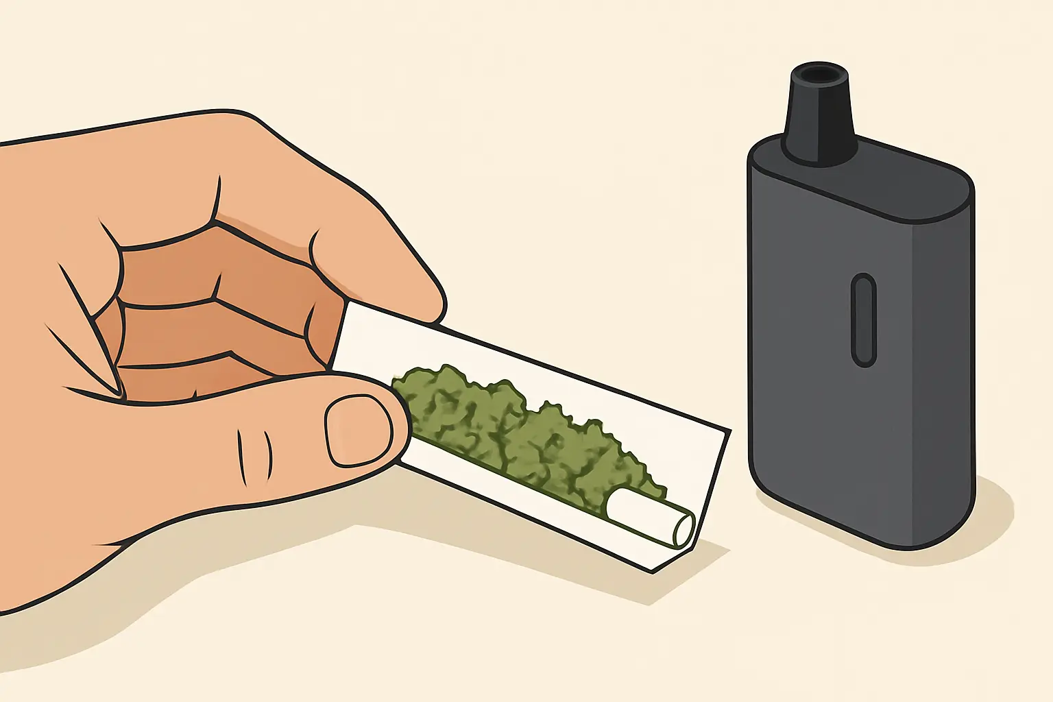 Hand rolling a tobacco-free joint beside a vaporizer, showing alternatives that remove tobacco from cannabis use