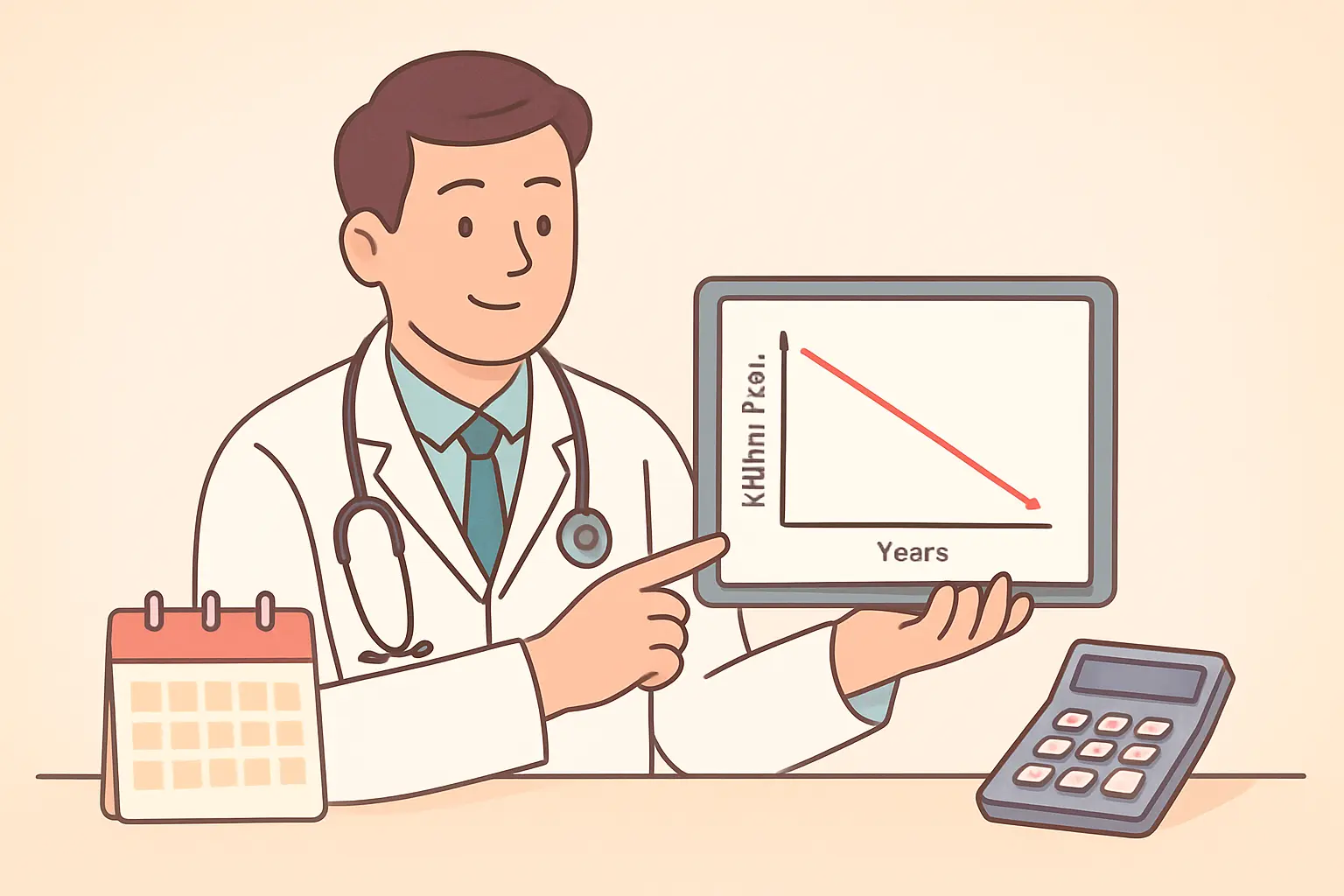 Illustration of a clinician reviewing a declining health risk chart on a tablet with a calculator, representing pack-year risk calculation