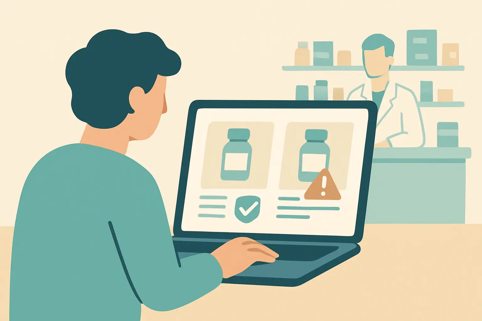 Illustration of someone comparing two online nicotine patch listings, one verified and one flagged with a warning, before buying