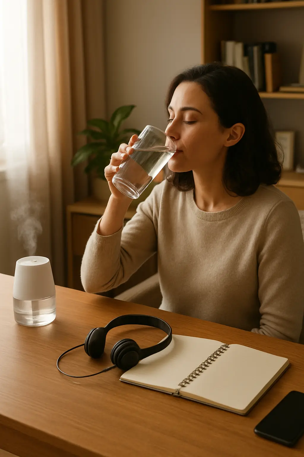 Illustration of a person drinking water with a humidifier on the desk as part of caring for their voice after quitting smoking