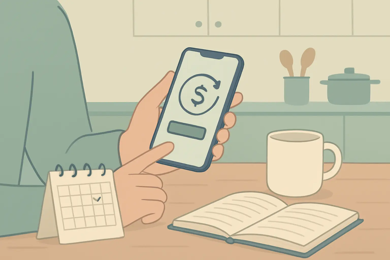 Illustration of a person at a kitchen table setting up a repeating monthly transfer on a phone beside a calendar and notebook