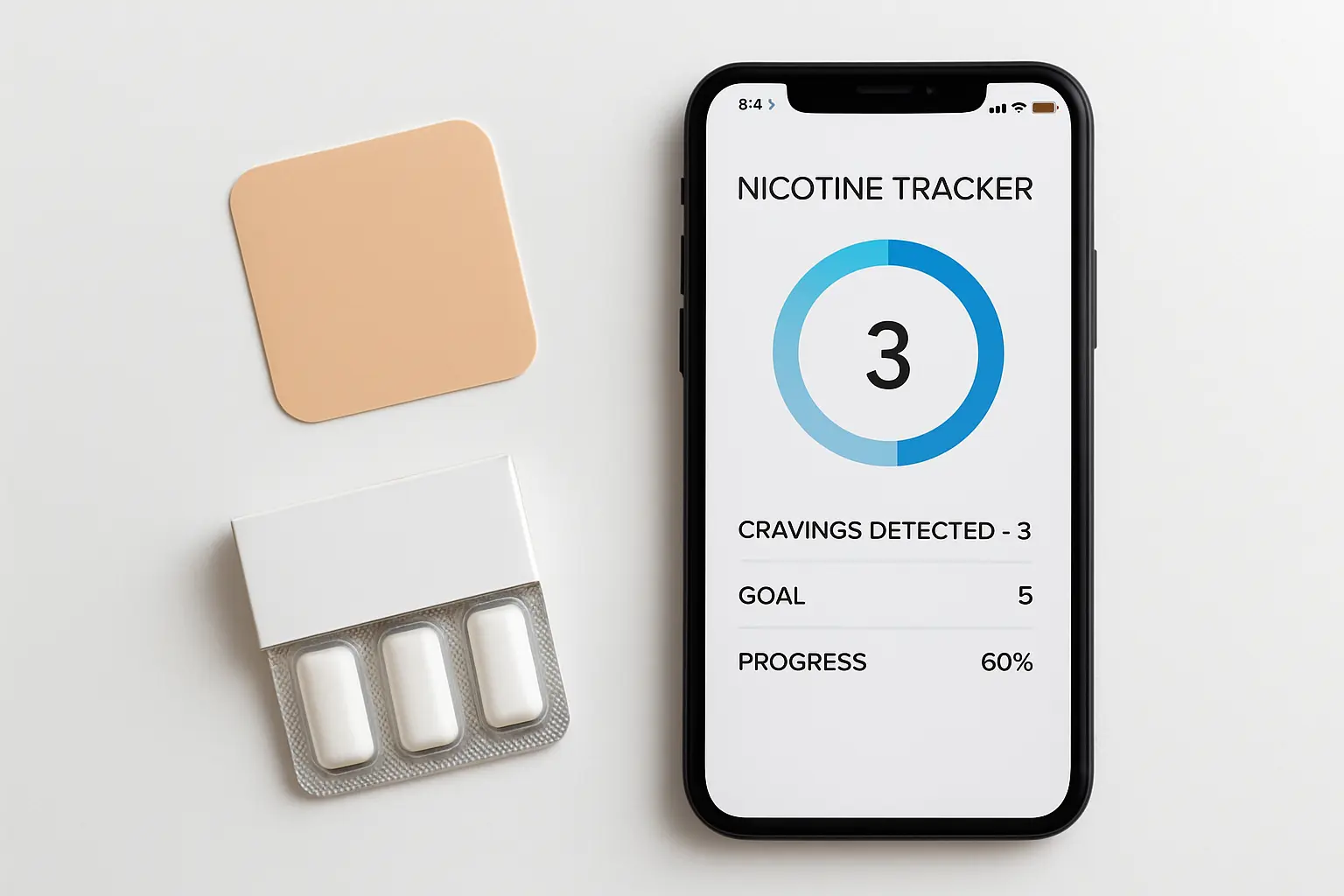 Illustration of a nicotine patch and gum next to a smartphone tracking app
