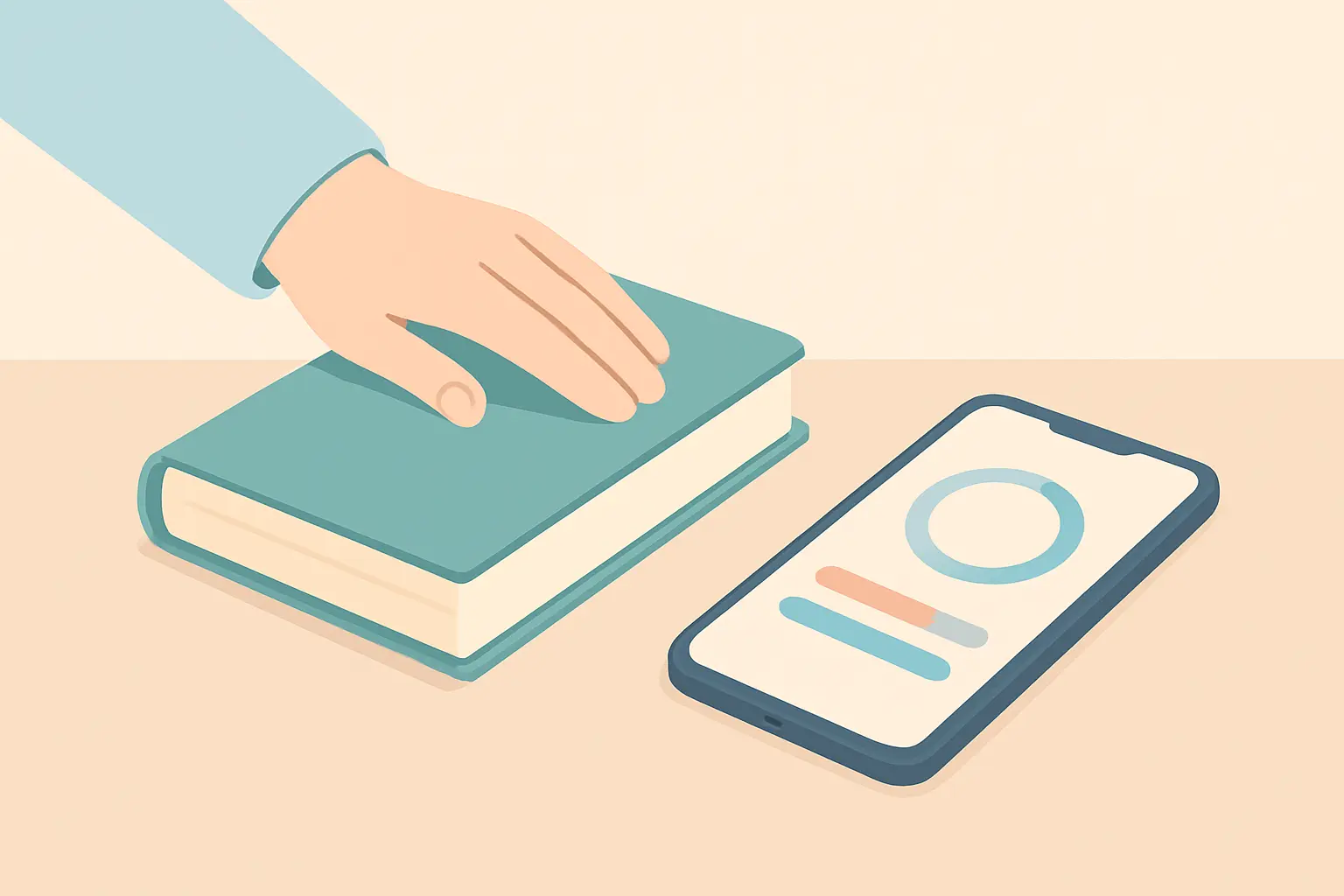 Illustration of a book paired with a smartphone tracking app for daily quit-smoking progress