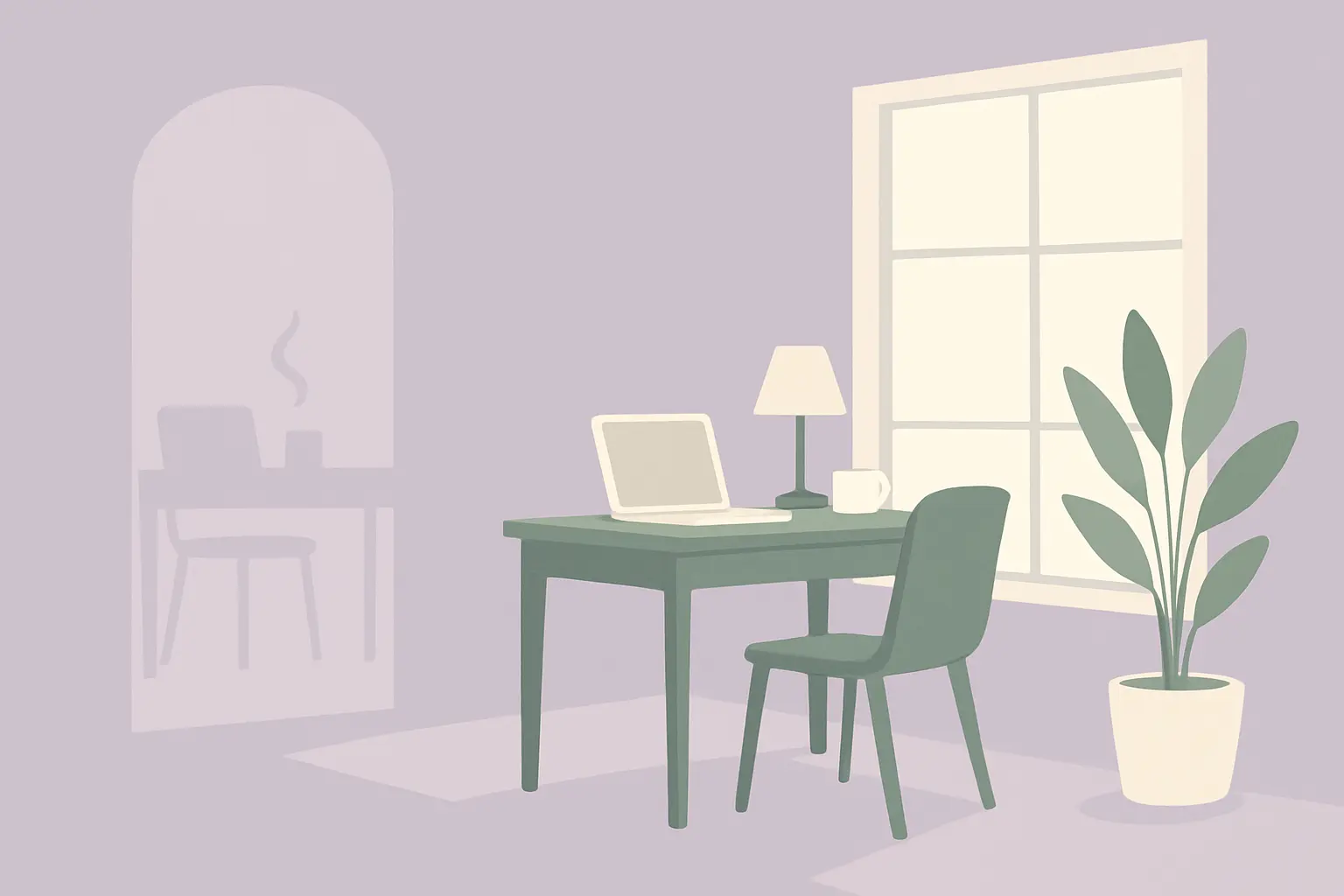 Home desk moved to face a window instead of the old doorway, with a plant placed where the smoking spot used to be
