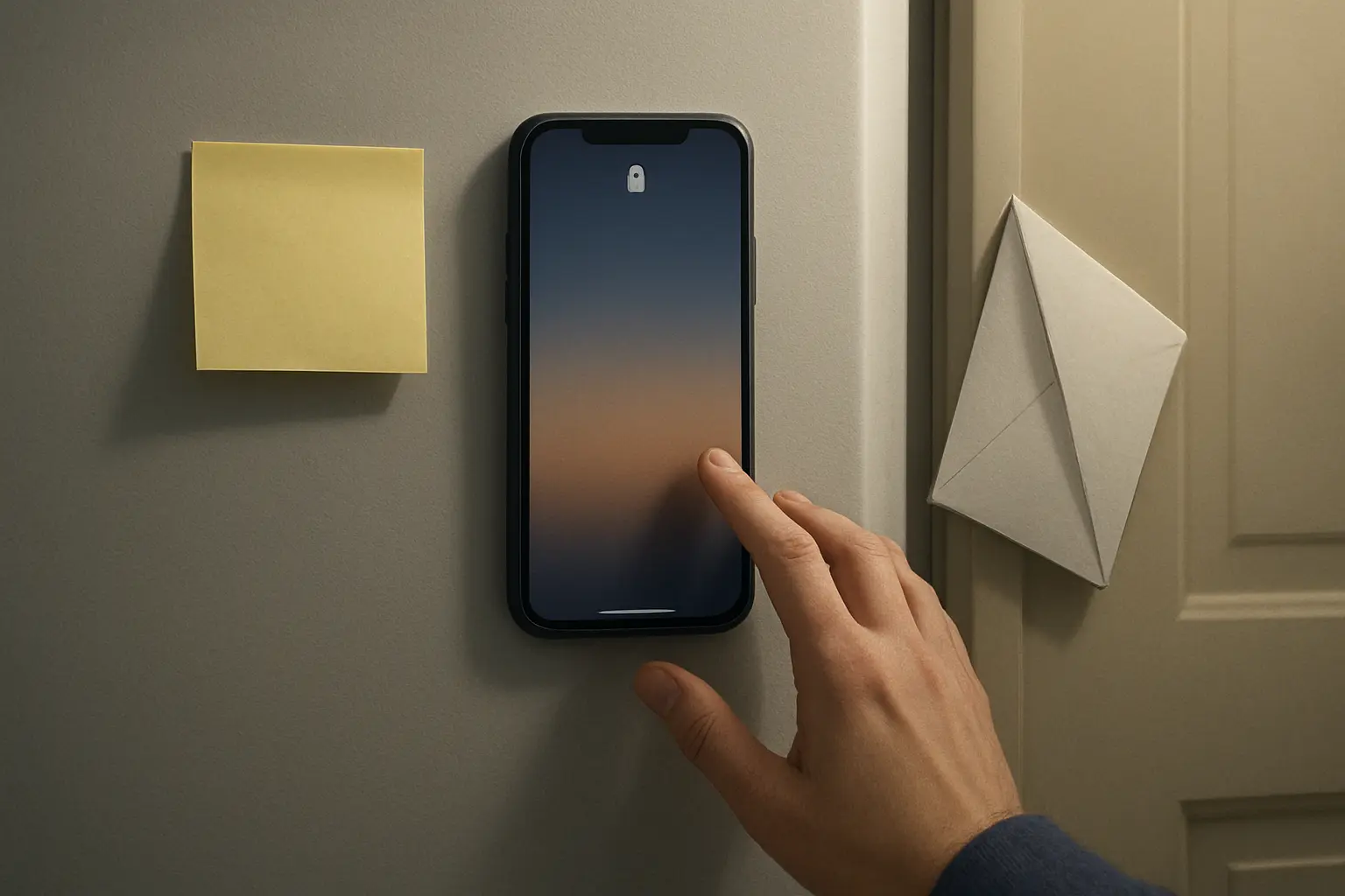 Illustration of a hand choosing a phone and a note on the fridge over a cigarette pack, showing rereading a goodbye letter to cigarettes during a craving