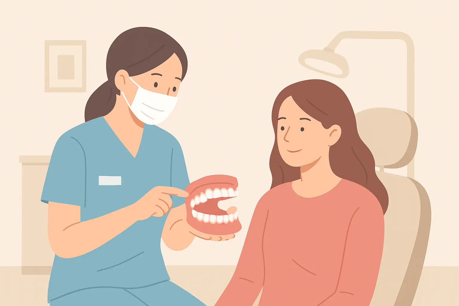 Illustration of a dental hygienist appointment discussing gum health after quitting smoking