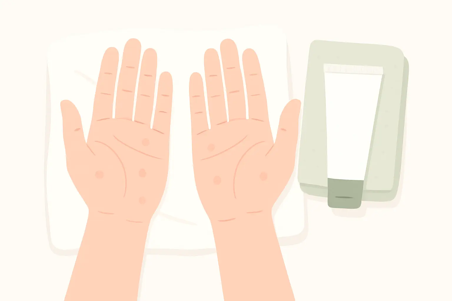 Illustration of open palms with small marks beside an ointment tube, representing palmoplantar pustulosis