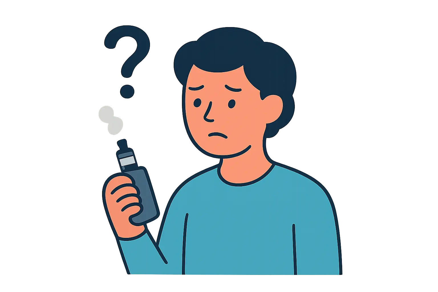 Illustration of a person with a vape device and a question mark, representing unclear evidence on vaping and fertility