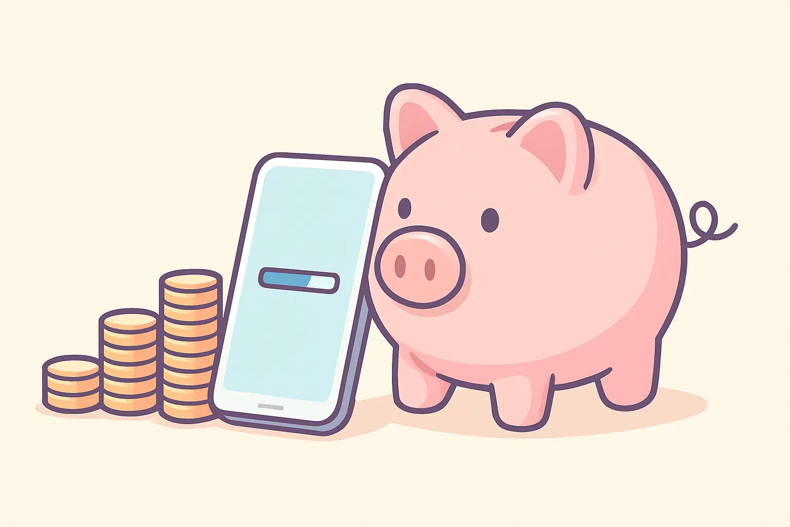 Illustration of a piggy bank next to a rising chart of coin stacks and a phone with a progress bar, representing automated savings growing steadily
