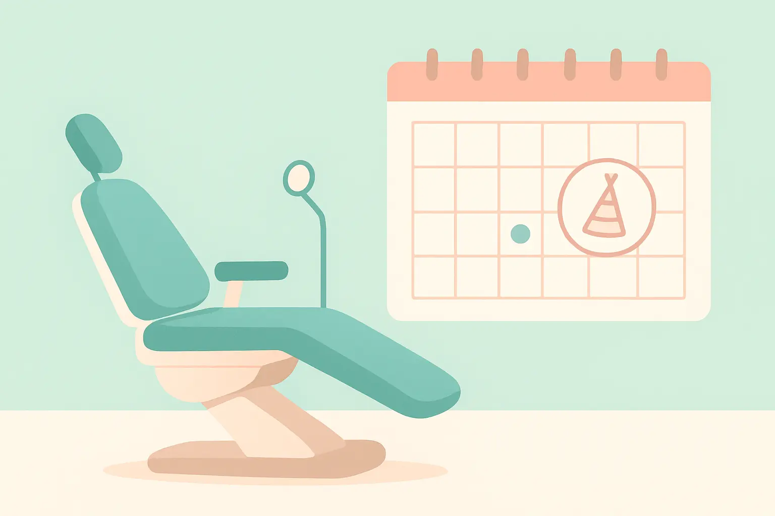 Calm dental clinic with a wall planner showing a hygienist appointment booked well before a circled wedding date