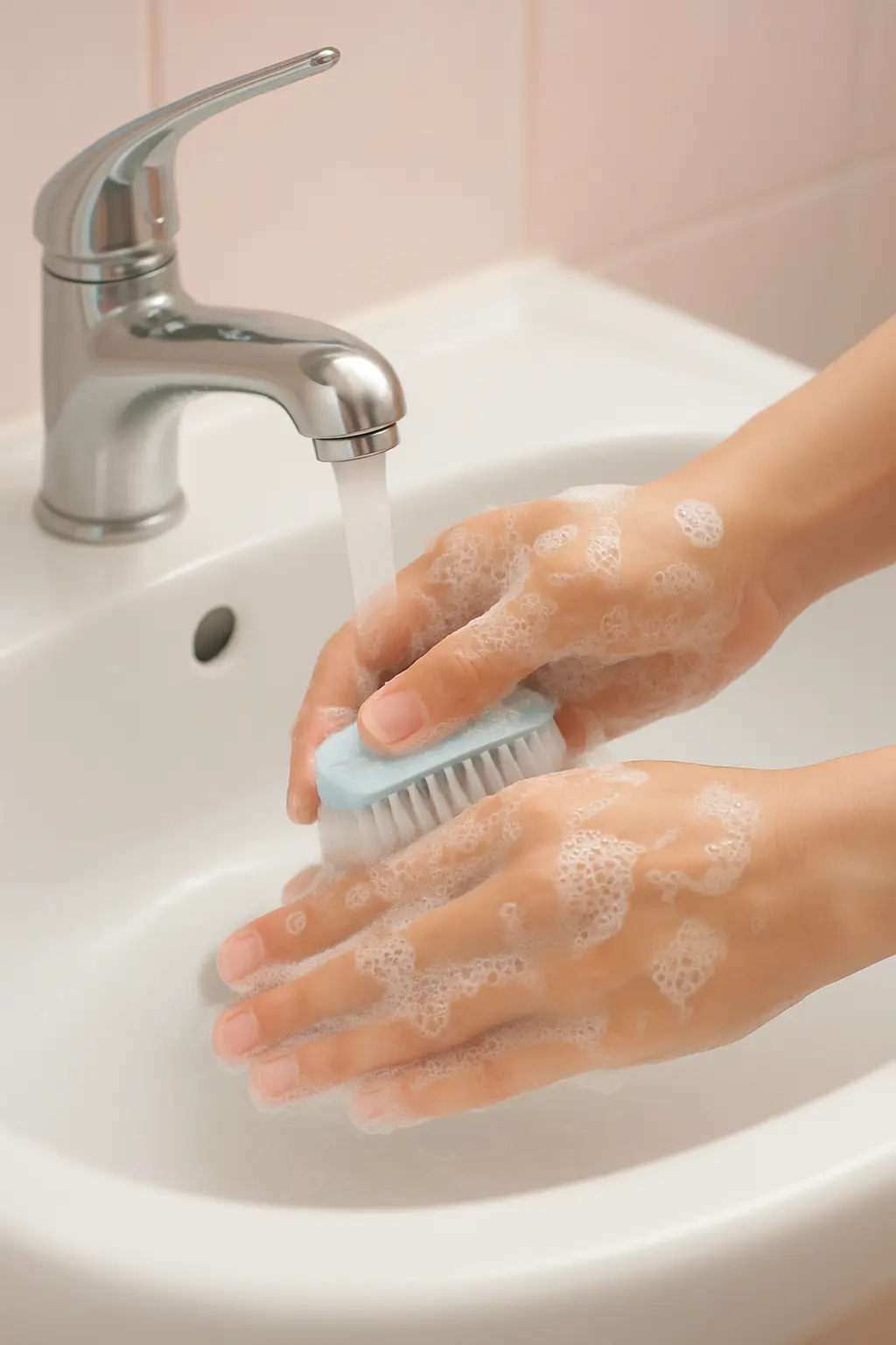 Hands being washed with warm soapy water and a soft nail brush to lighten nicotine stains on fingers