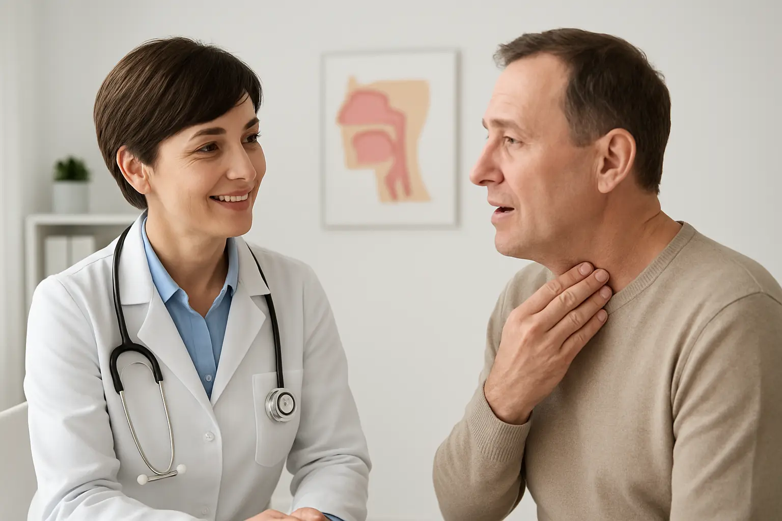 Illustration of a former smoker talking to an ENT doctor about a hoarse voice that has not gone away