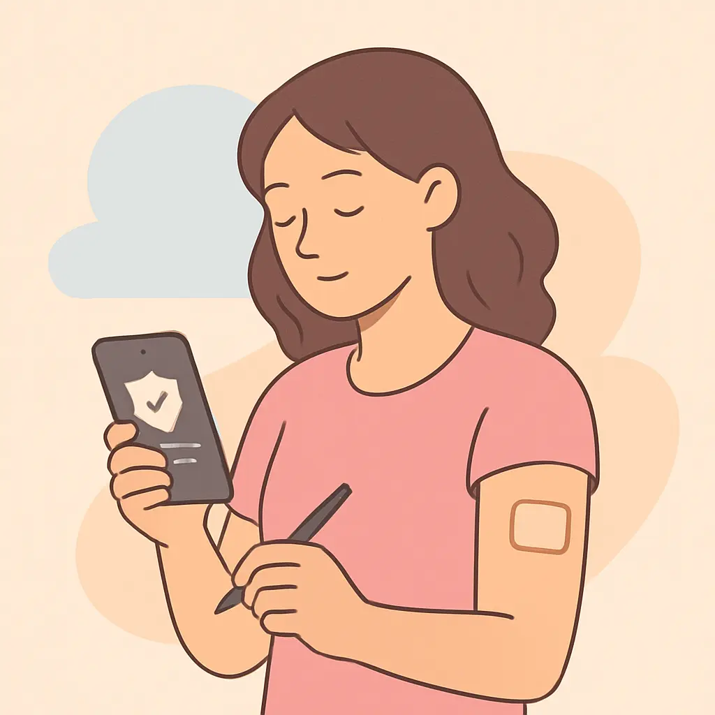 Person logging a slip in an app and continuing their nicotine patch plan the next day, protecting their progress streak