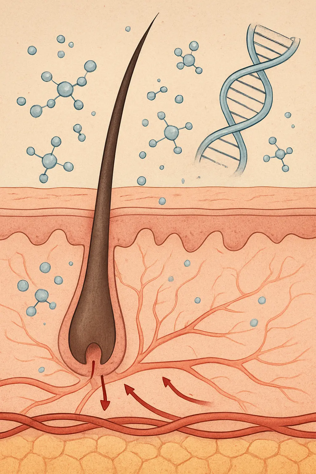 Scientific illustration of a hair follicle showing oxidative stress and reduced blood flow, the proposed mechanisms linking smoking to hair damage