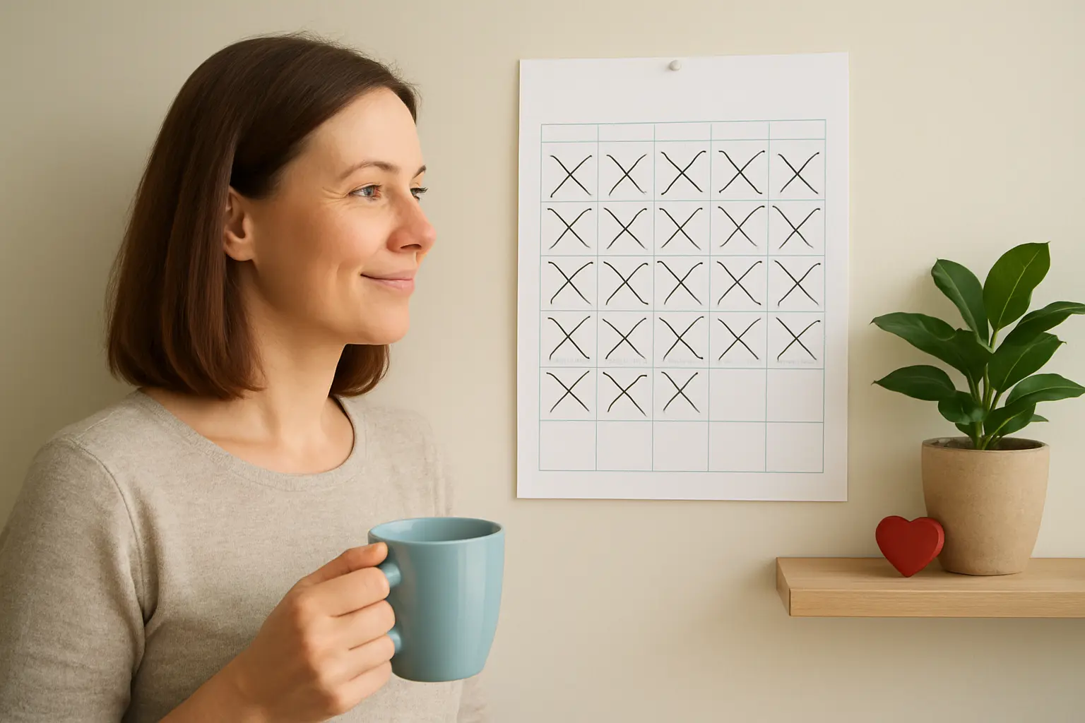 Woman in her thirties looking at a calendar of smoke-free months crossed off at home
