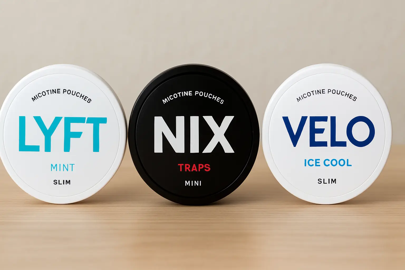 Three nicotine pouch cans lined up side by side, representing a brand comparison
