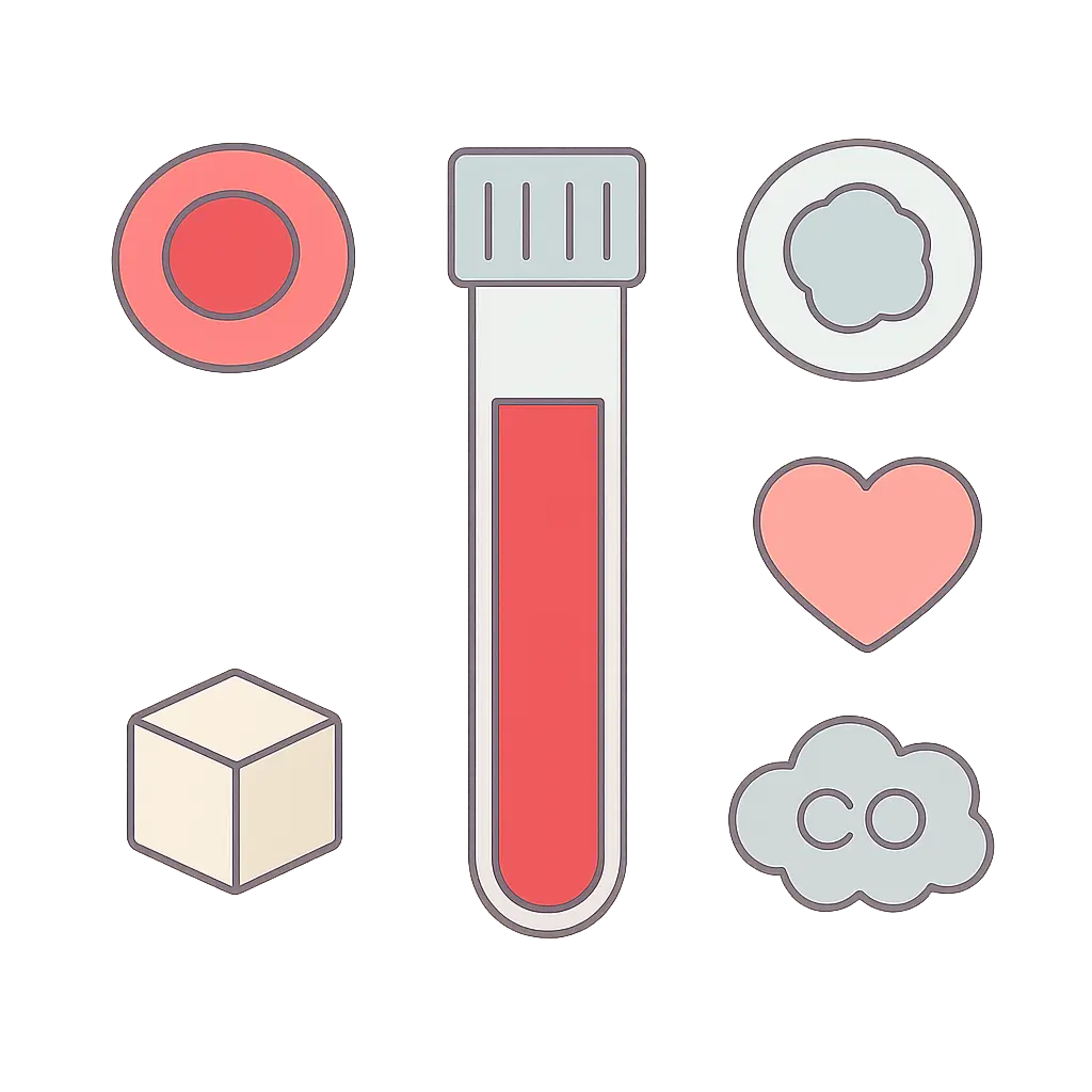 Illustration of a blood sample tube surrounded by icons for blood cells, cholesterol, sugar and carbon monoxide affected by smoking