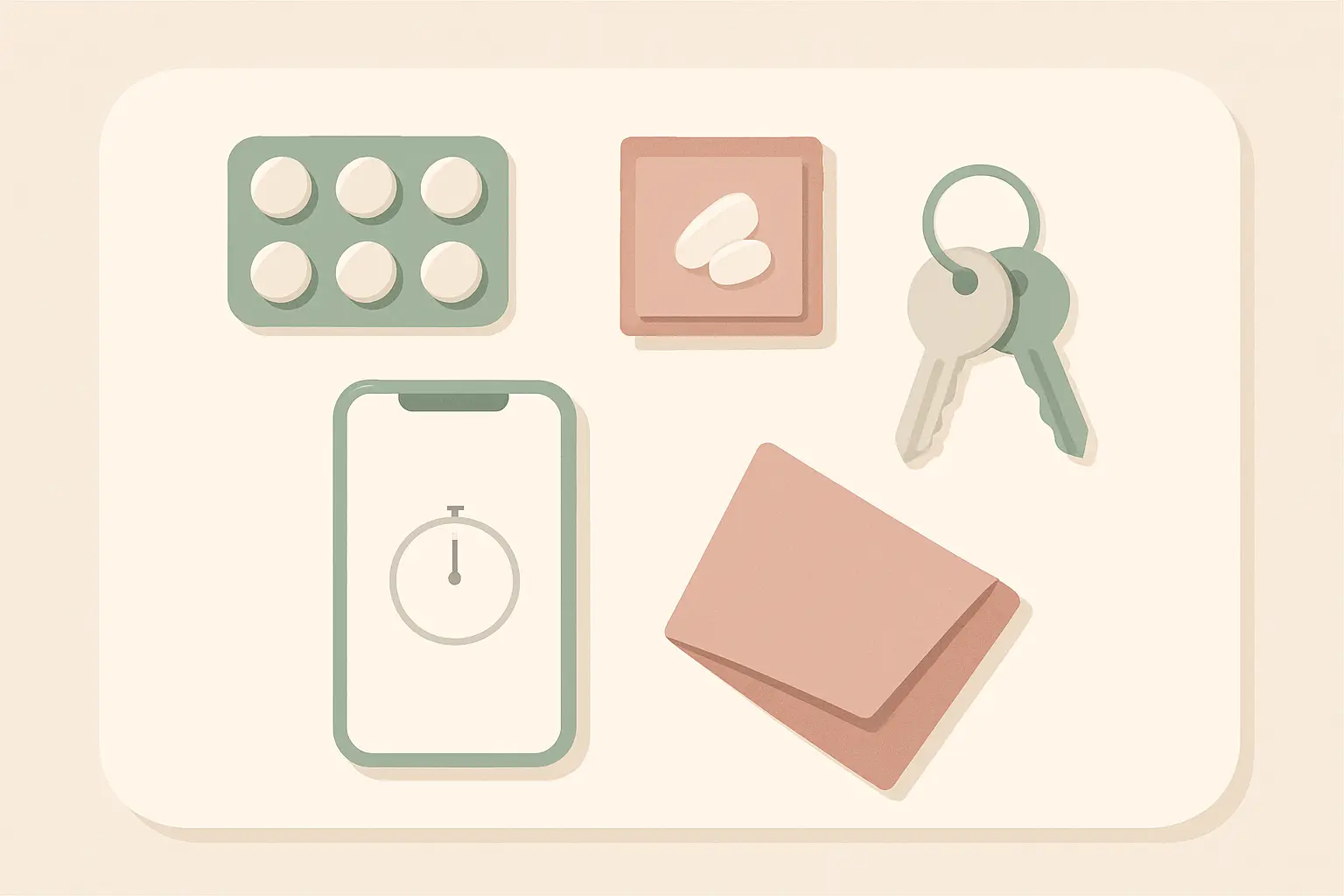 Illustration of a small pre-party kit on a hallway table with nicotine lozenges, mints, a phone timer and keys