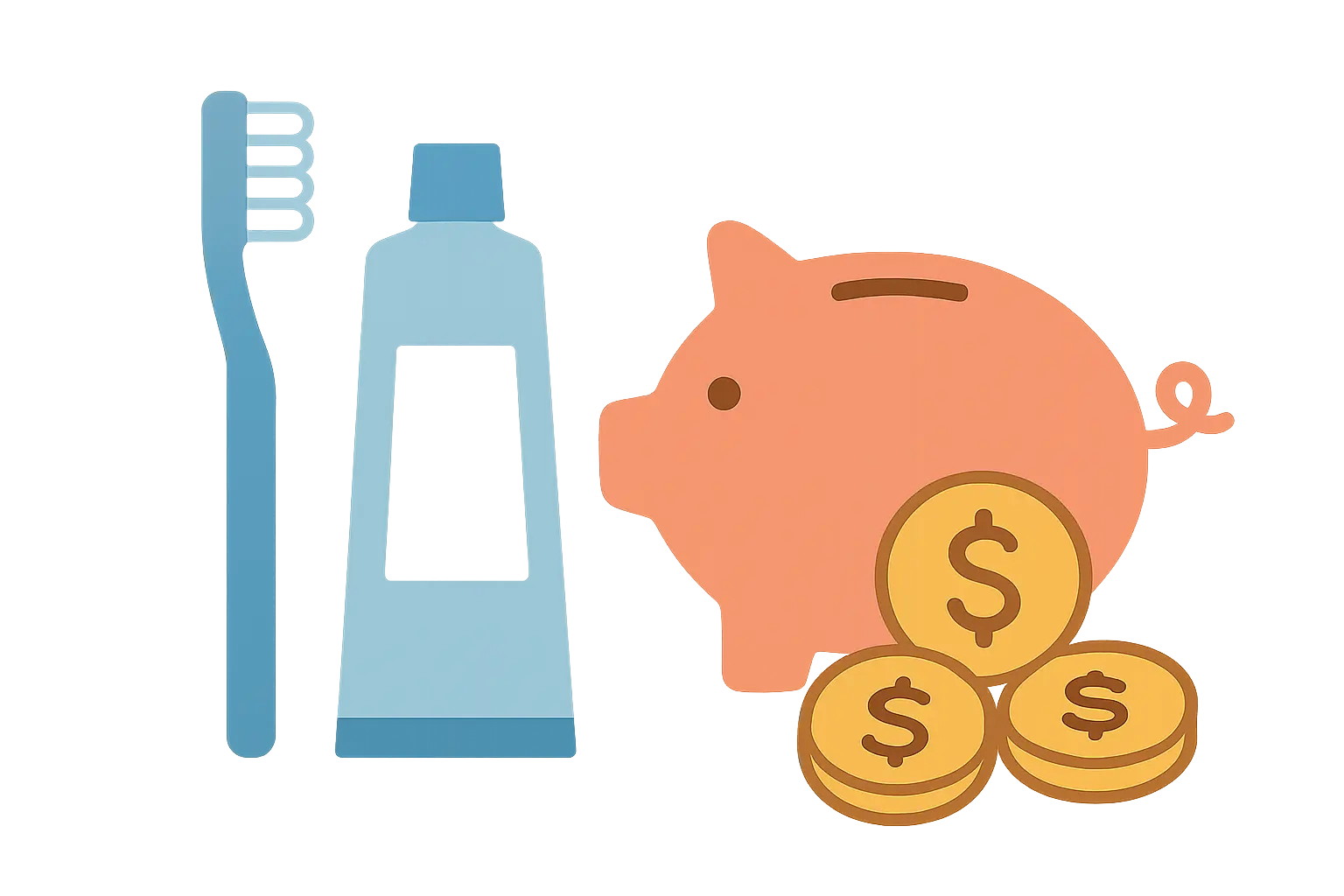 Toothbrush, toothpaste, and a piggy bank representing home dental care paid for with money saved from quitting