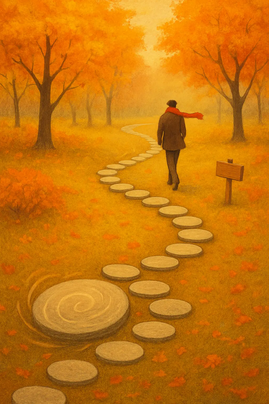 Illustration of a winding path of 28 stepping stones through autumn trees, with a harder stretch early on and a signpost further along, showing the stages of a Stoptober quit attempt