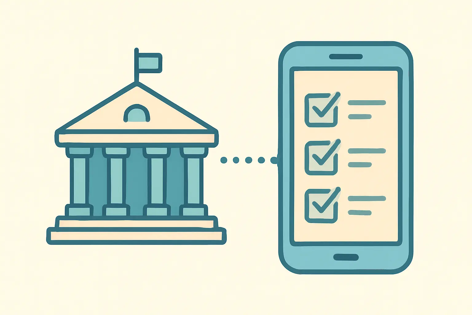 Illustration of a government building connected to a smartphone app representing public health app support