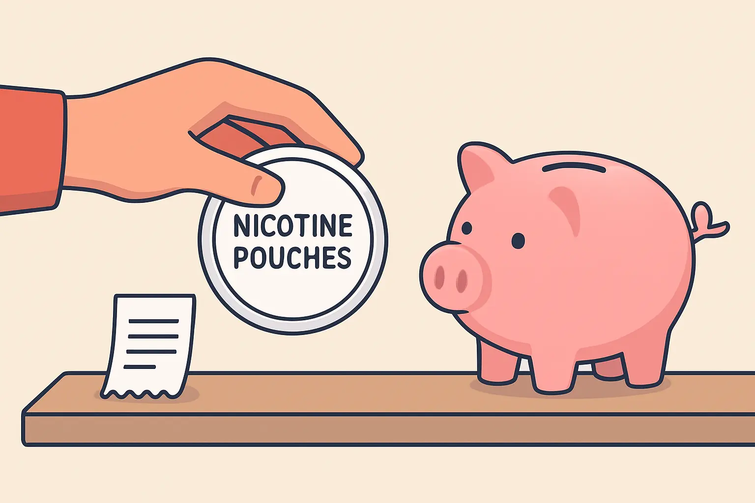Nicotine pouch container next to a piggy bank representing tracking cost per can