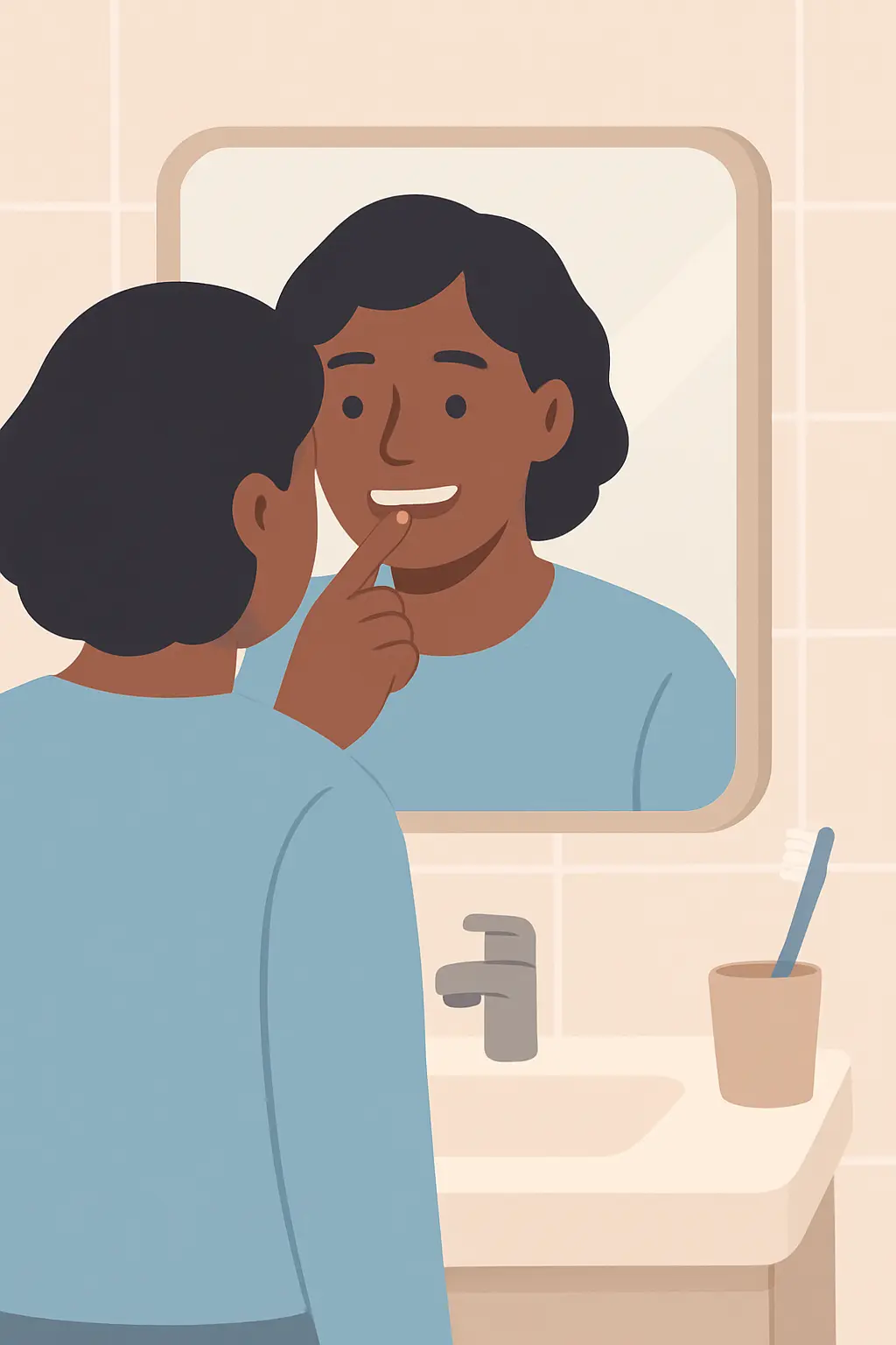 Illustration of a person checking their gums in the mirror after quitting smoking