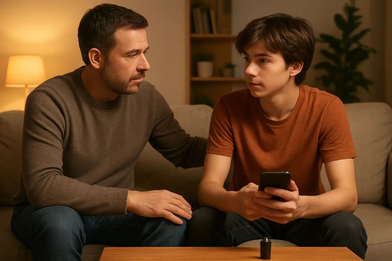 Parent and teenager having a calm talk on a sofa with a vape set aside on the table
