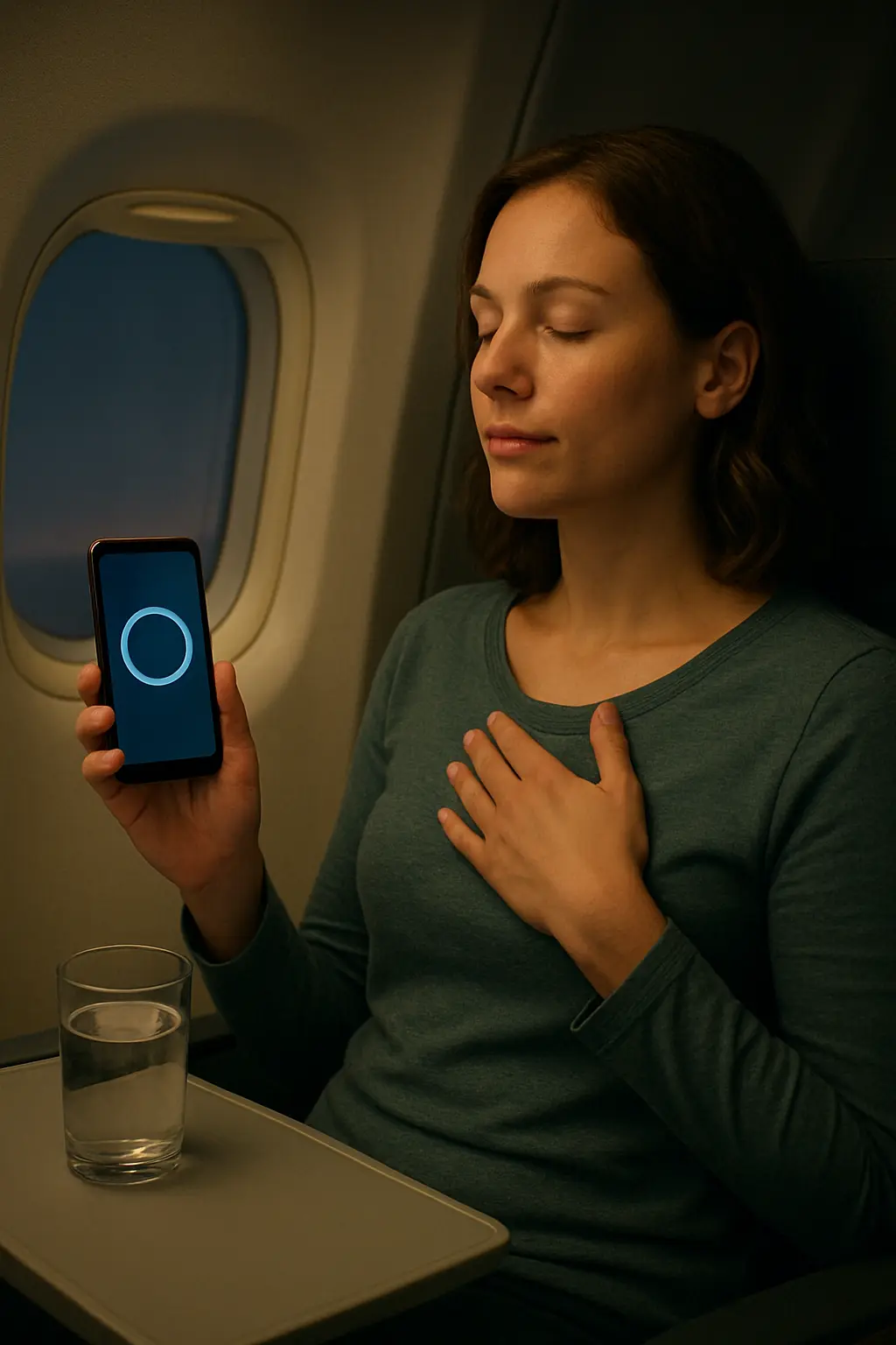 Passenger in an airplane seat calmly using breathing exercises on a phone in airplane mode during a long flight