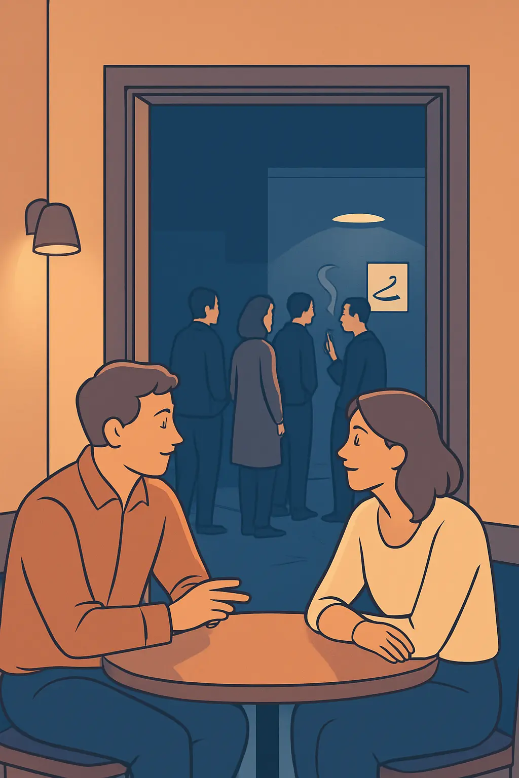 Illustration of a party doorway at night with a group outside in the smoking area and two people talking comfortably inside