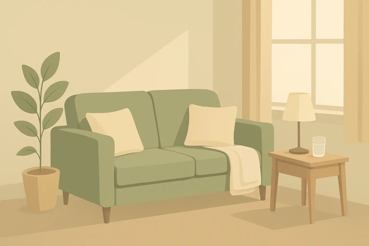 Illustration of a calm tidy living room and bedside table in a smoke-free home with no ashtray and nothing left burning