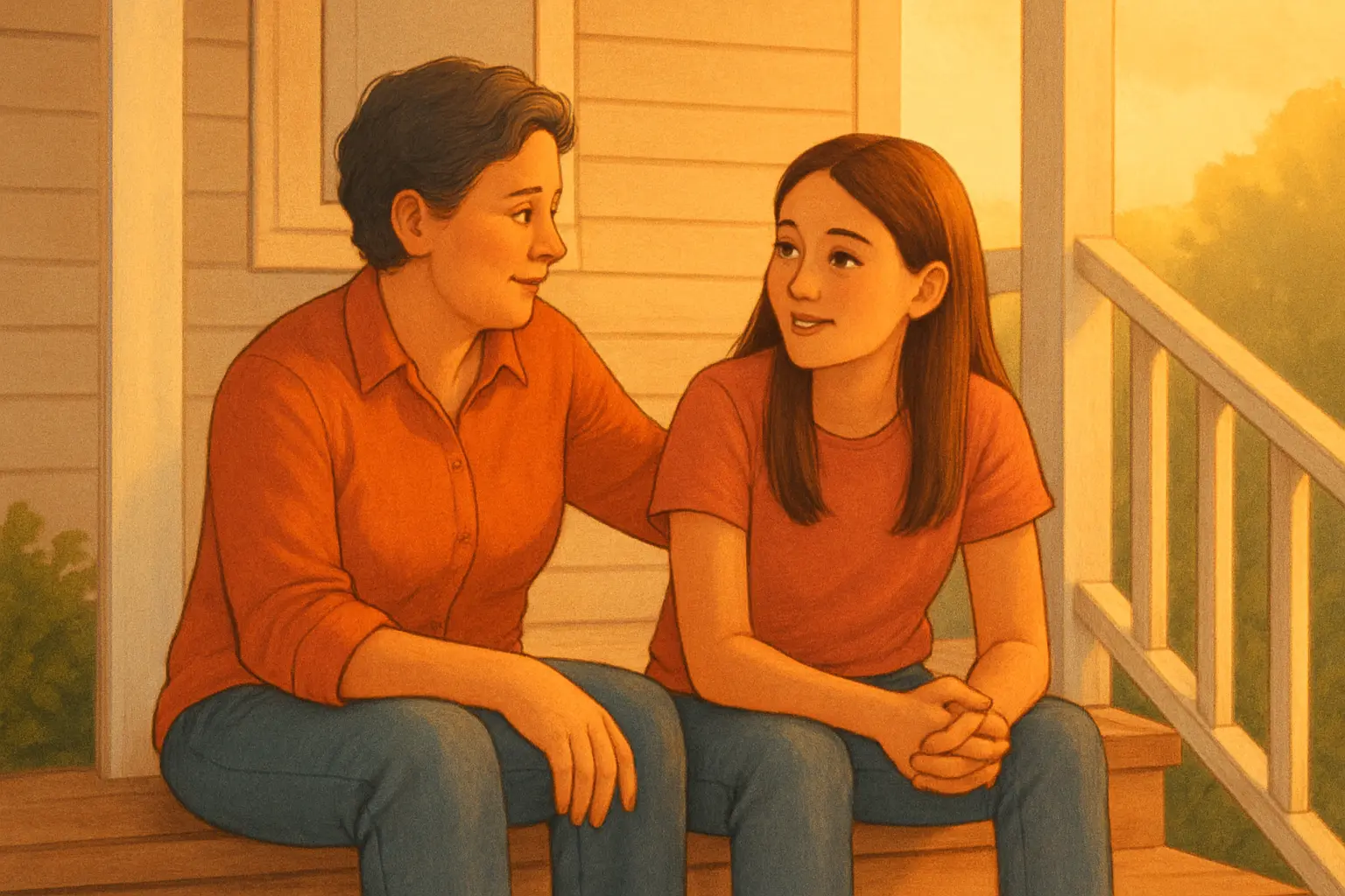 Illustration of a parent and teenager having a calm supportive conversation on a porch step