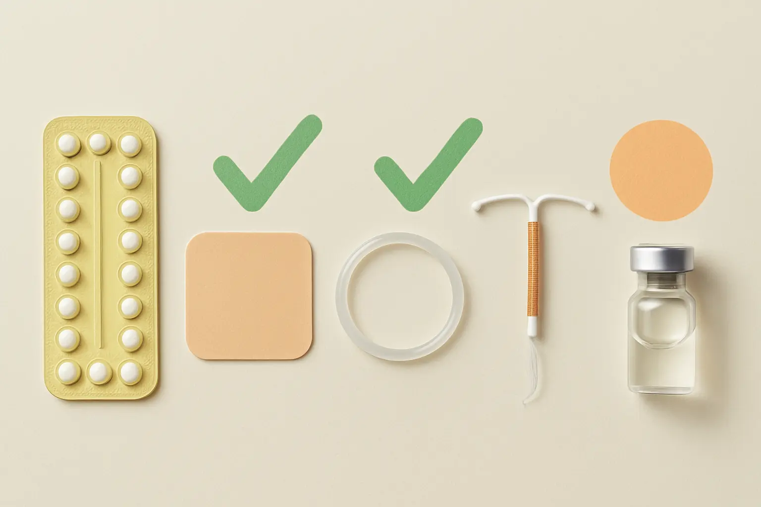 Contraceptive pill, patch, ring, implant, coil and injection laid out side by side for comparison