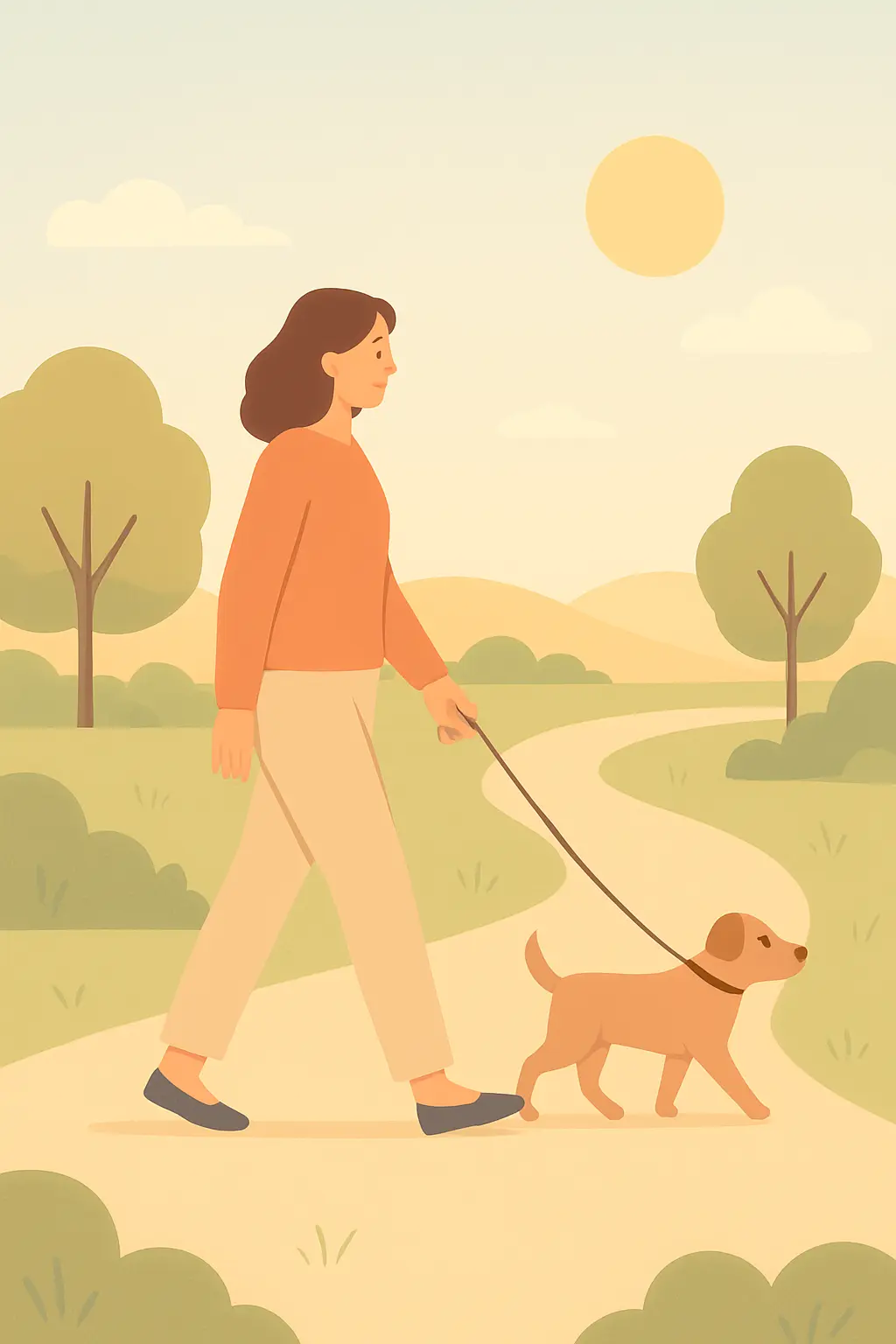 Illustration of a person walking outdoors in daylight representing exercise and sunlight as mood support after quitting smoking