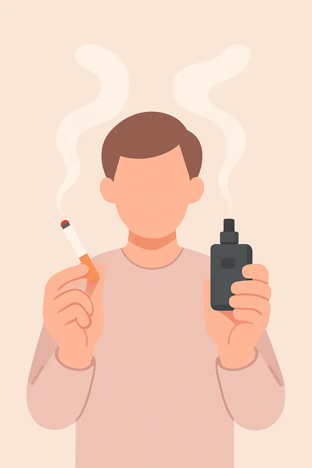 Illustration of a person holding both a cigarette and a vape device, representing dual use that cancels most of the benefit of harm reduction