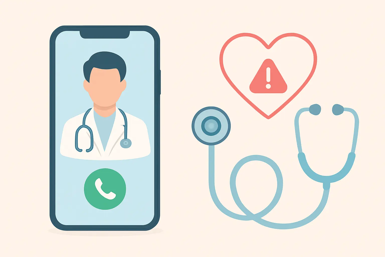 Illustration of a phone calling a doctor beside a heart outline with a warning triangle, representing red-flag symptoms during nicotine withdrawal