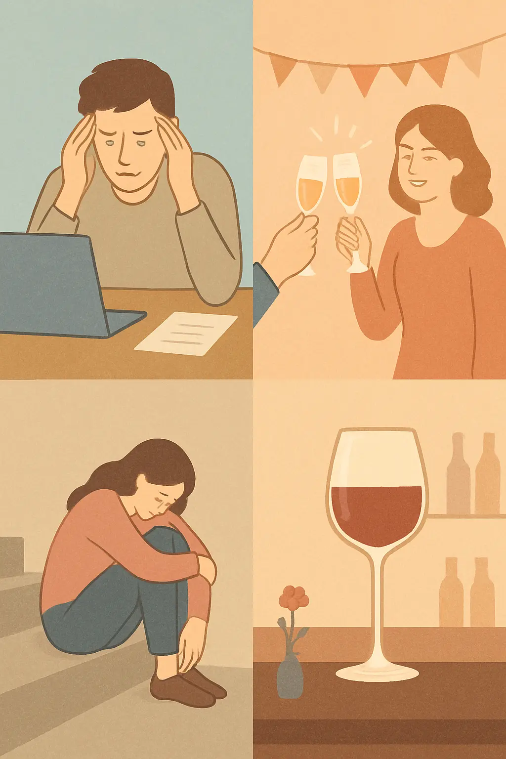 Four everyday life scenes representing stress, celebration, loss, and alcohol as high-risk moments for craving relapse