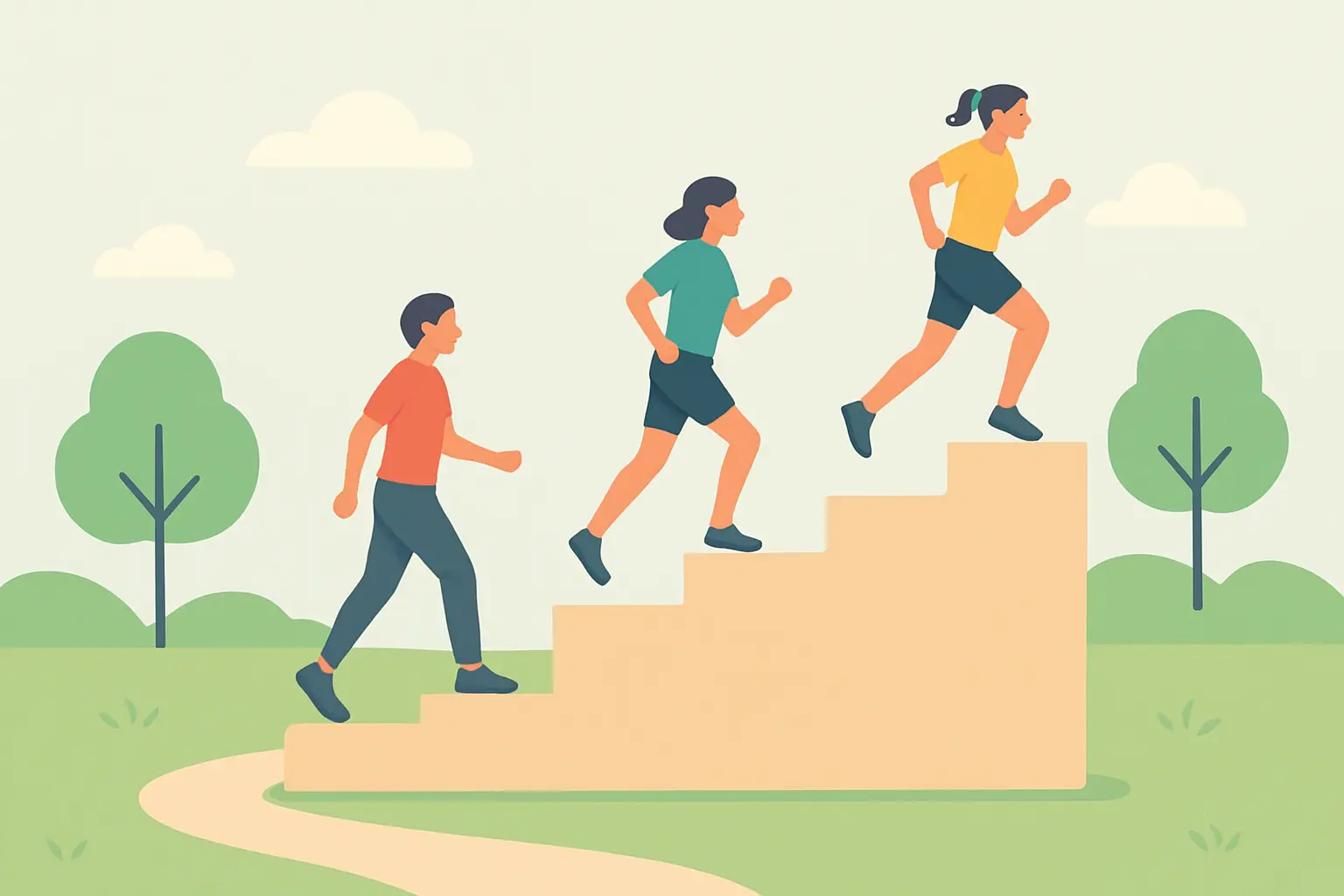 Illustration of a staircase progression from brisk walking through walk-jog intervals to continuous running over eight weeks