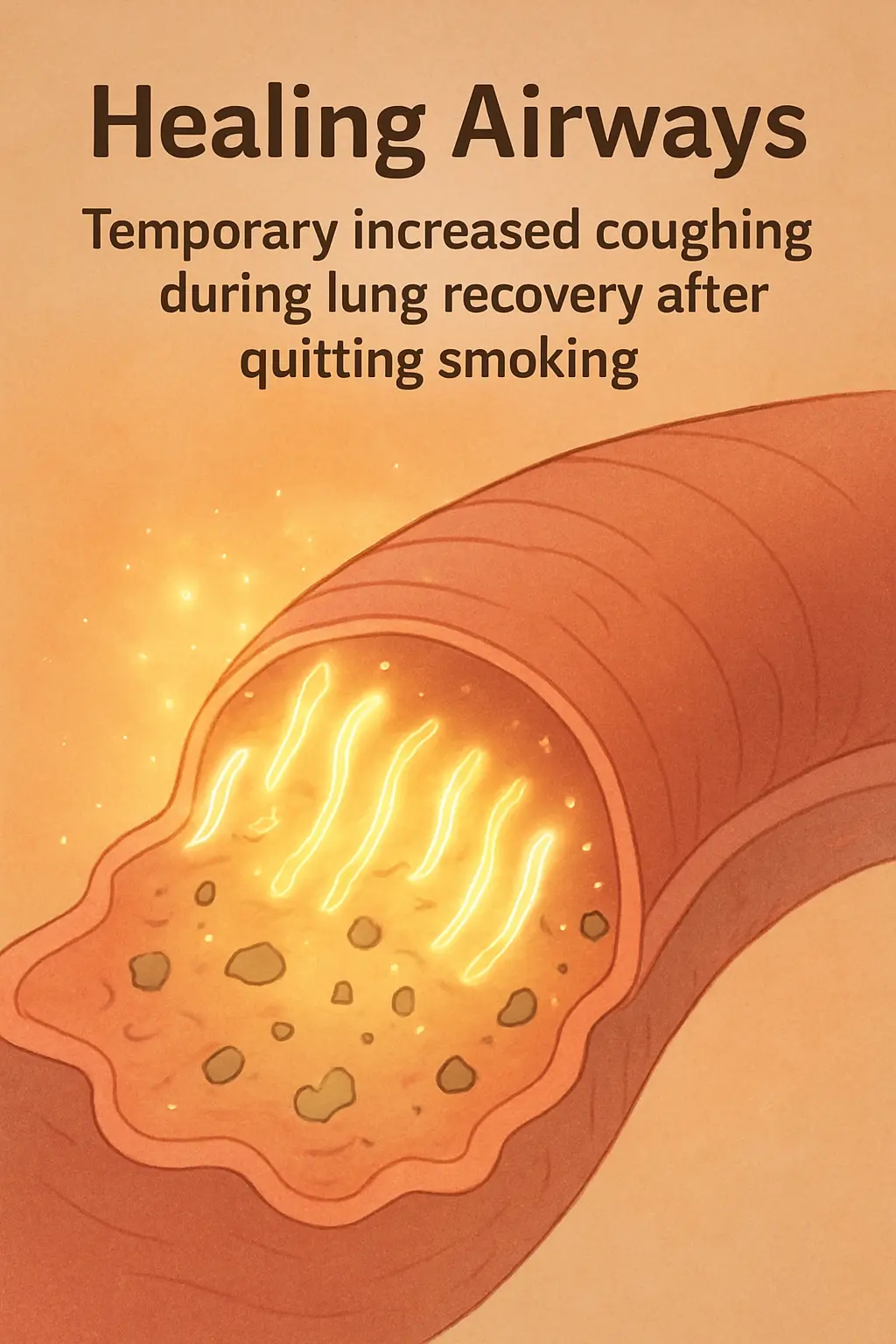 Illustration of airway cilia clearing mucus and debris during lung recovery after quitting smoking