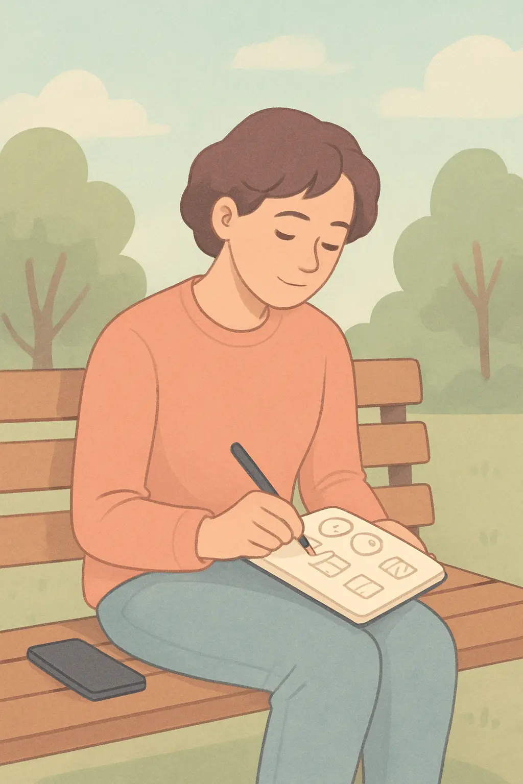 Young adult on a park bench noting early warning signs of nicotine dependence in a notebook