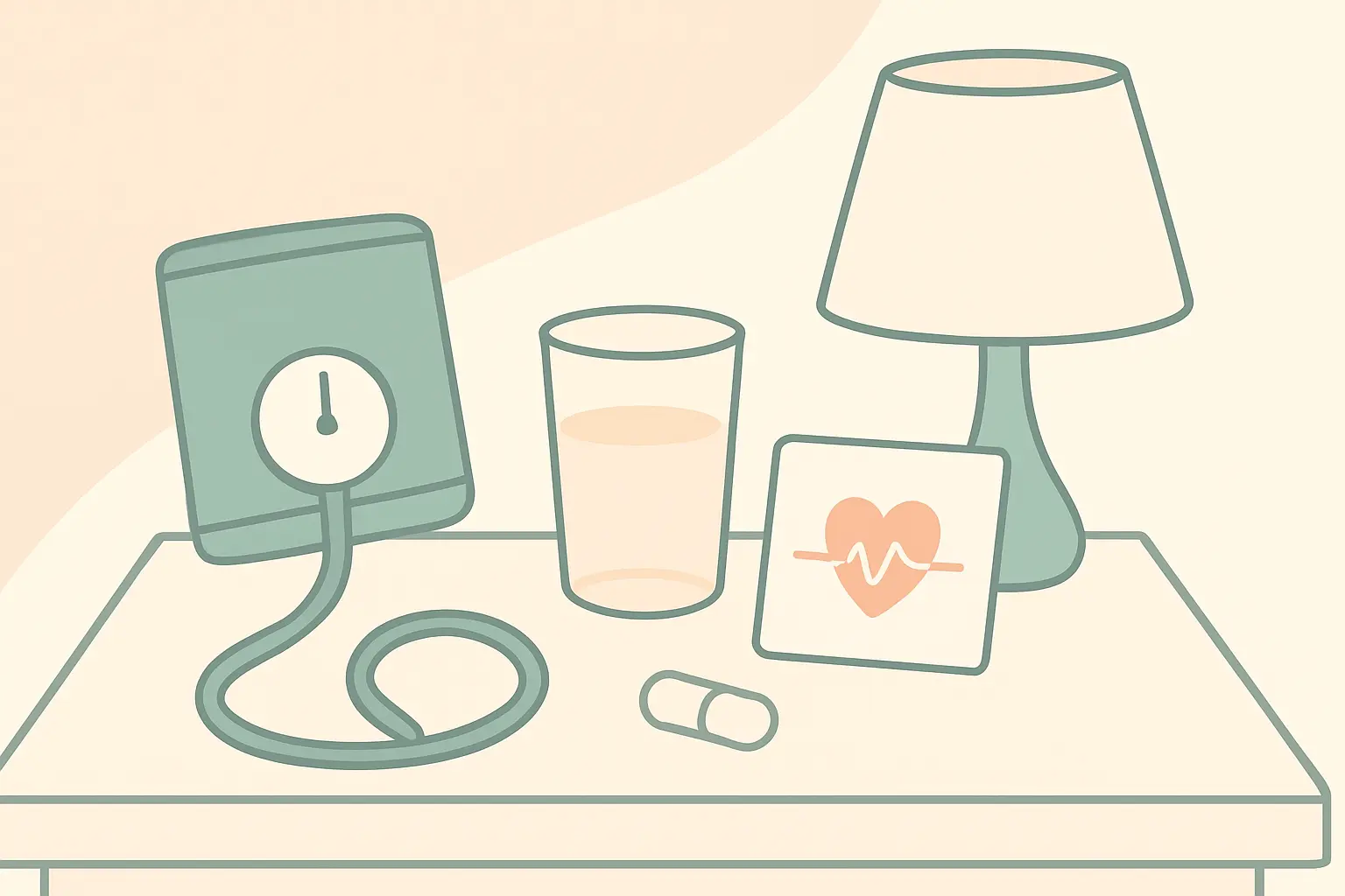 Bedside table with a blood pressure cuff, a heart rhythm card, a glass of water and a capsule, representing side effect monitoring