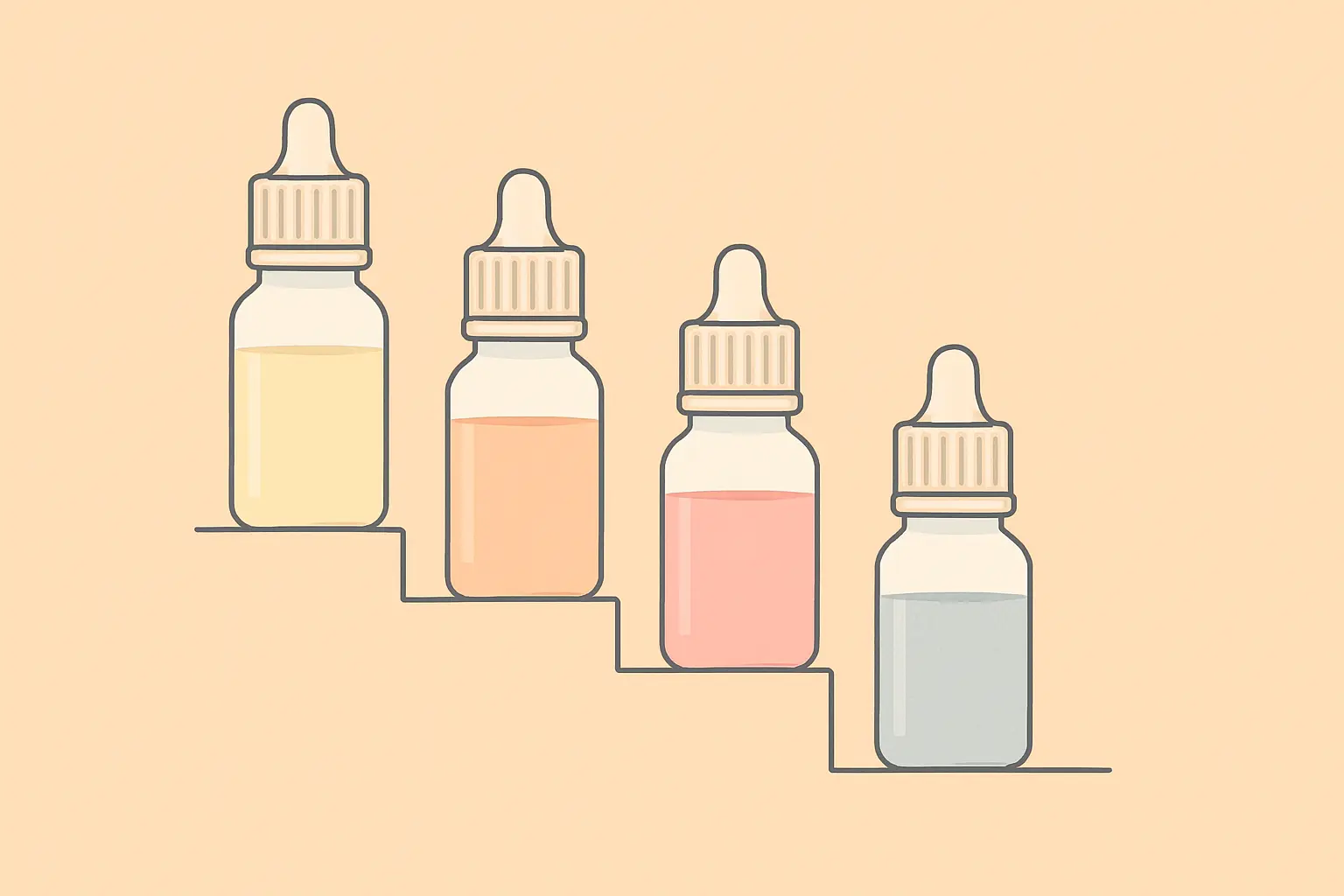 Illustration of a descending set of e-liquid bottles representing a stepped nicotine strength taper toward zero