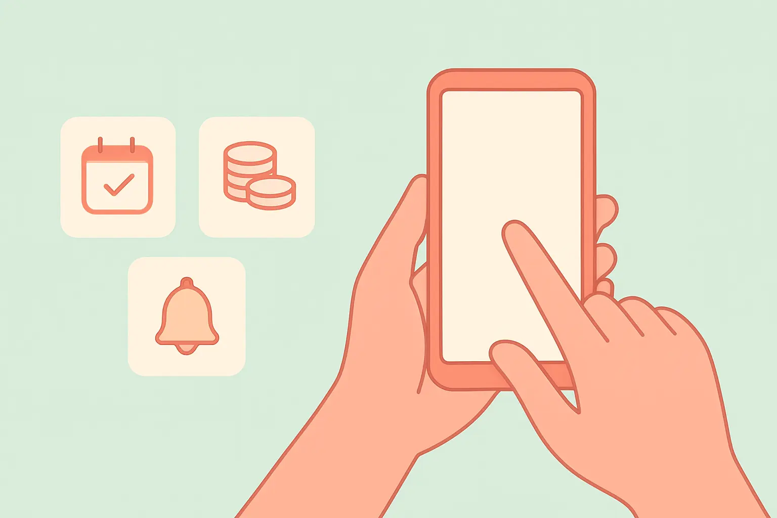 Illustration of hands holding a phone beside three setup cards showing a calendar, a coin stack and a notification bell