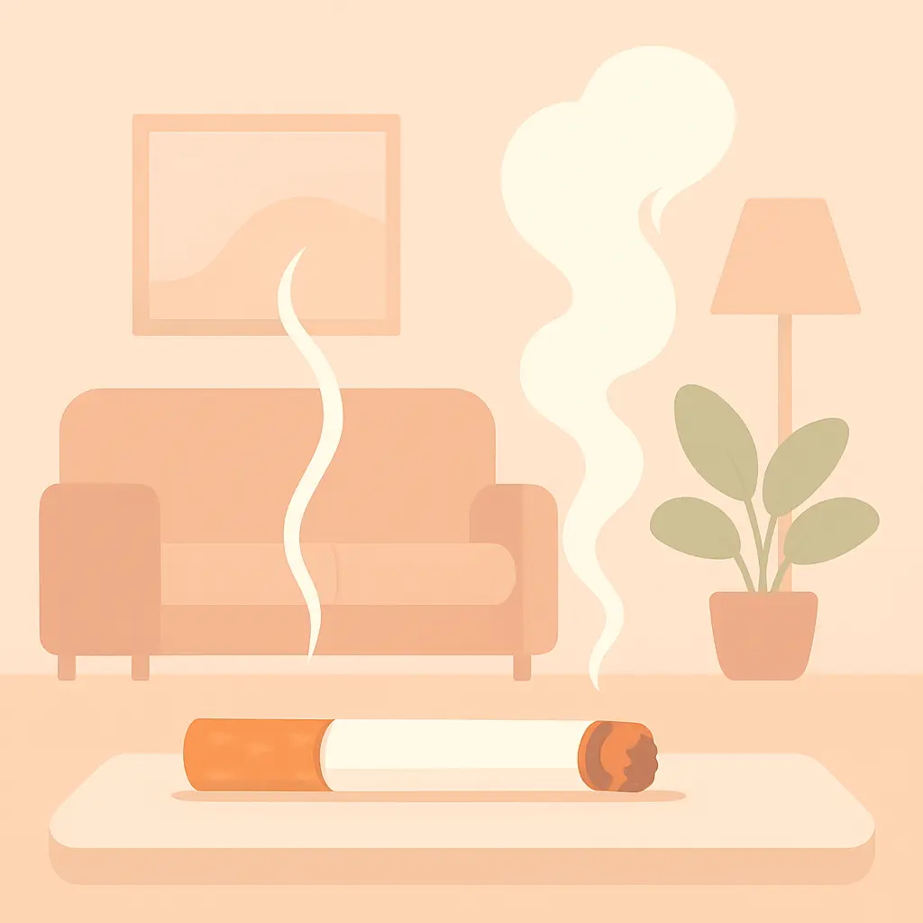 Illustration of a lit cigarette showing two different smoke streams rising from it, representing sidestream and mainstream smoke