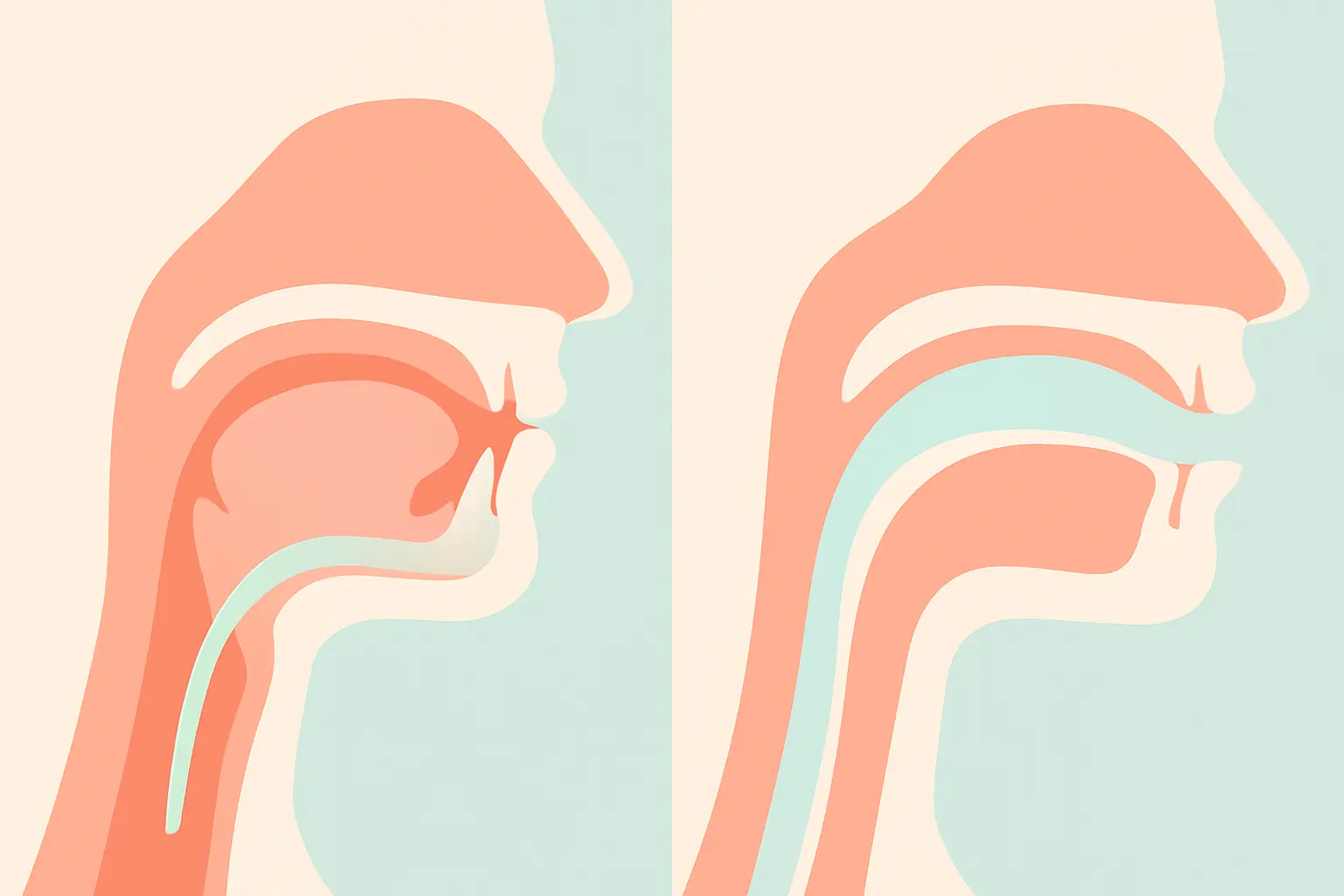 Stylized diagram comparing a narrowed inflamed upper airway with an open airway, showing how airway swelling affects breathing during sleep