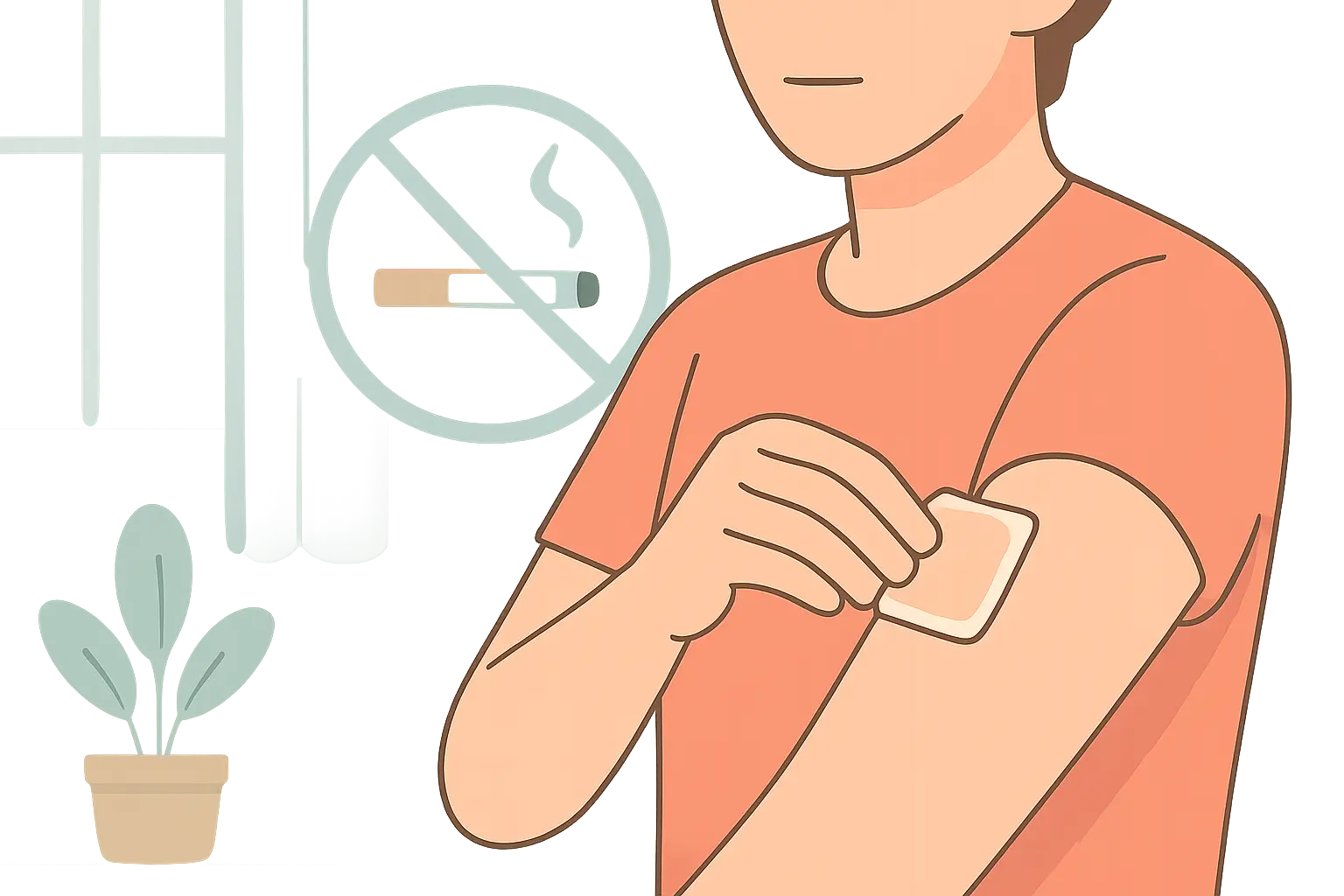 Illustration of a nicotine patch on an arm next to a crossed-out cigarette, representing safer nicotine delivery without combustion