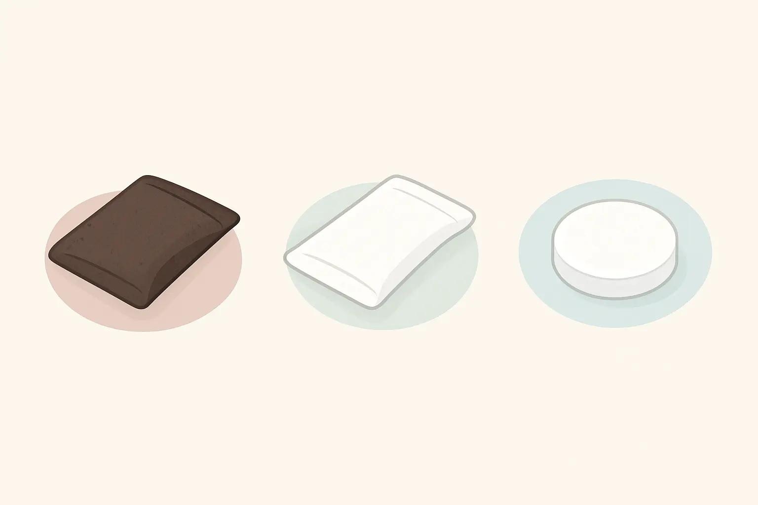 Side-by-side illustration of a dark snus tobacco pouch, a white tobacco-free nicotine pouch, and a nicotine lozenge