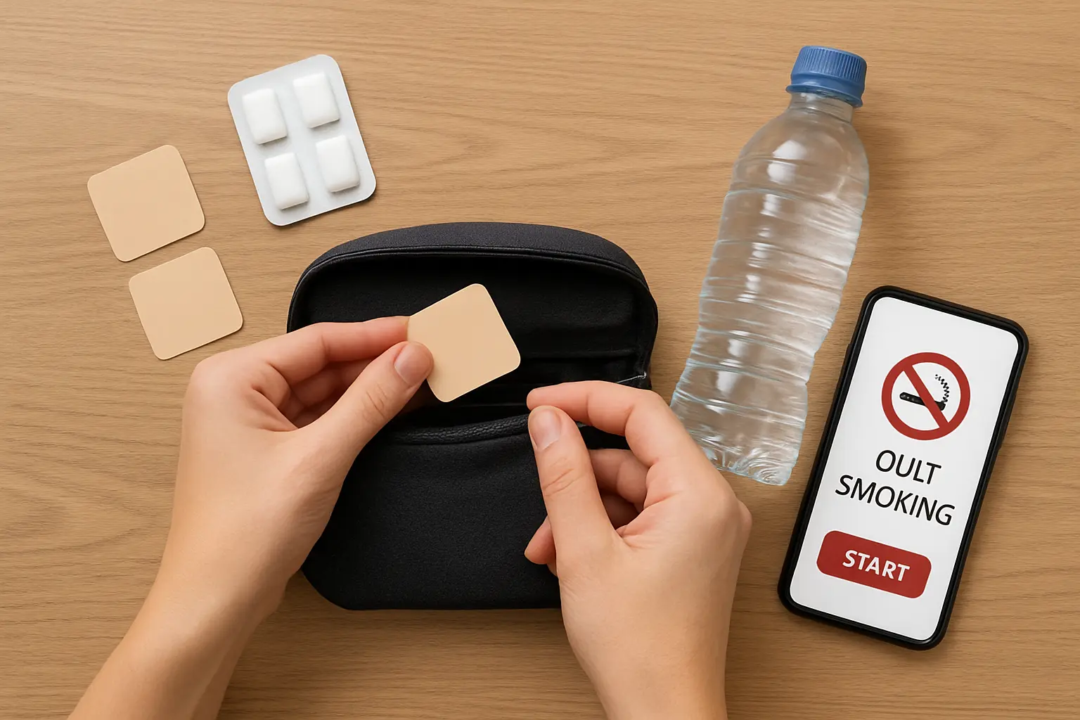 Flat lay of nicotine patches, gum, a water bottle and a phone with a quit-smoking app laid out before a quit date