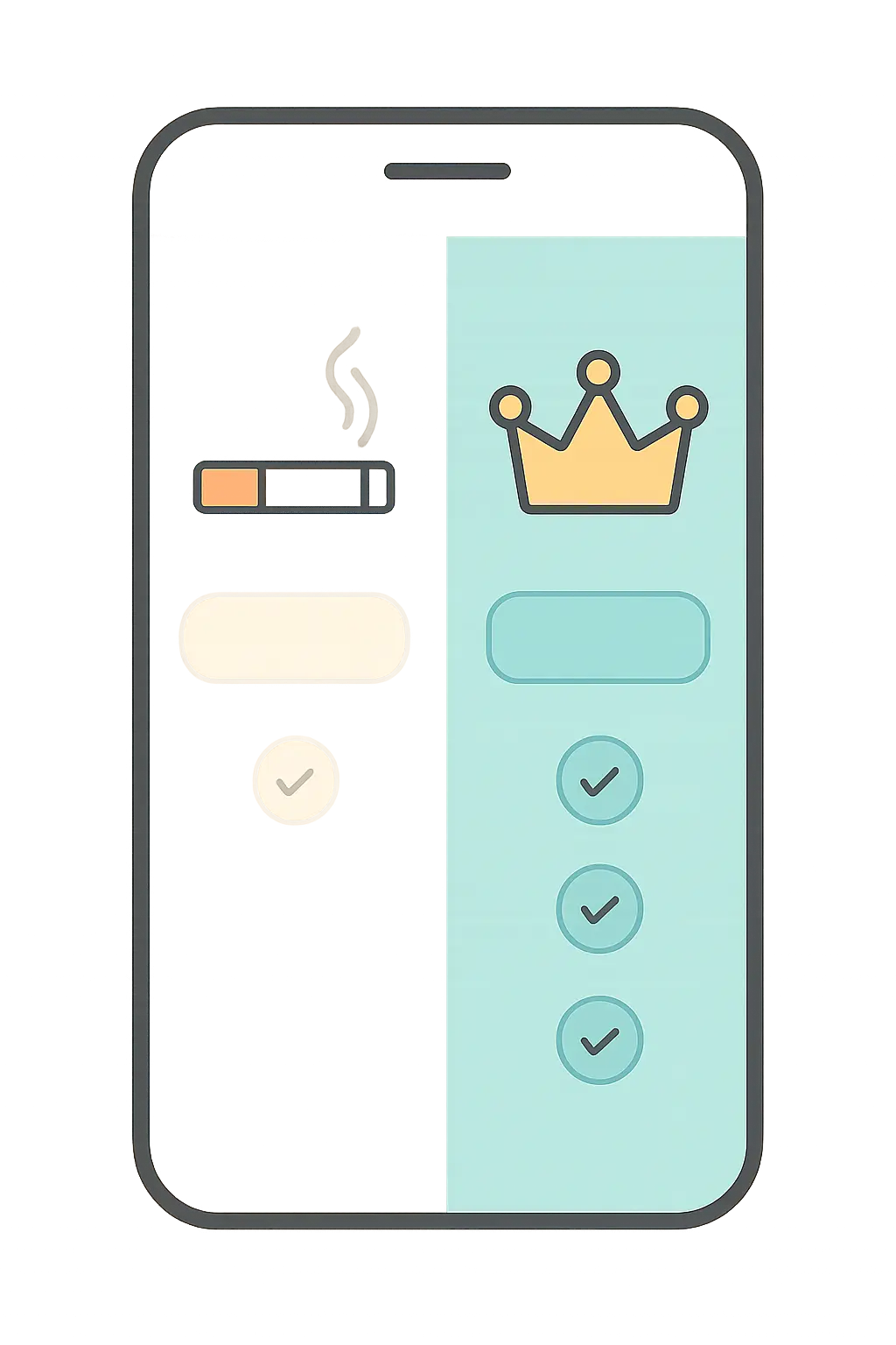 Illustration of a smartphone showing a free tier and a premium tier of a quit smoking app side by side