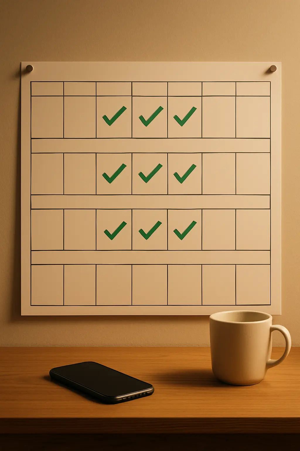 Illustration of a four-week wall planner with check marks above a desk with a phone and mug, representing a four-week quit plan for veterans combining VA support and an app